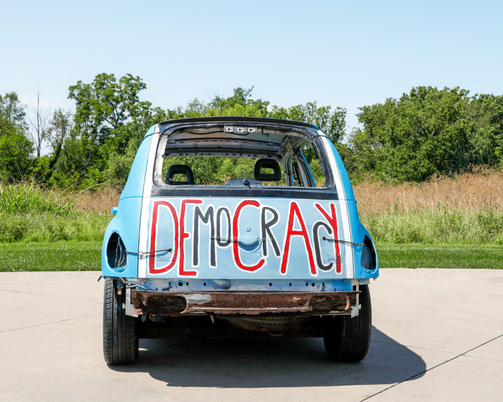 WorkingWorking Group, a collaboration with Allison Rowe, Just Crushing: A Political Demolition Derby, 2022-2025. Democracy