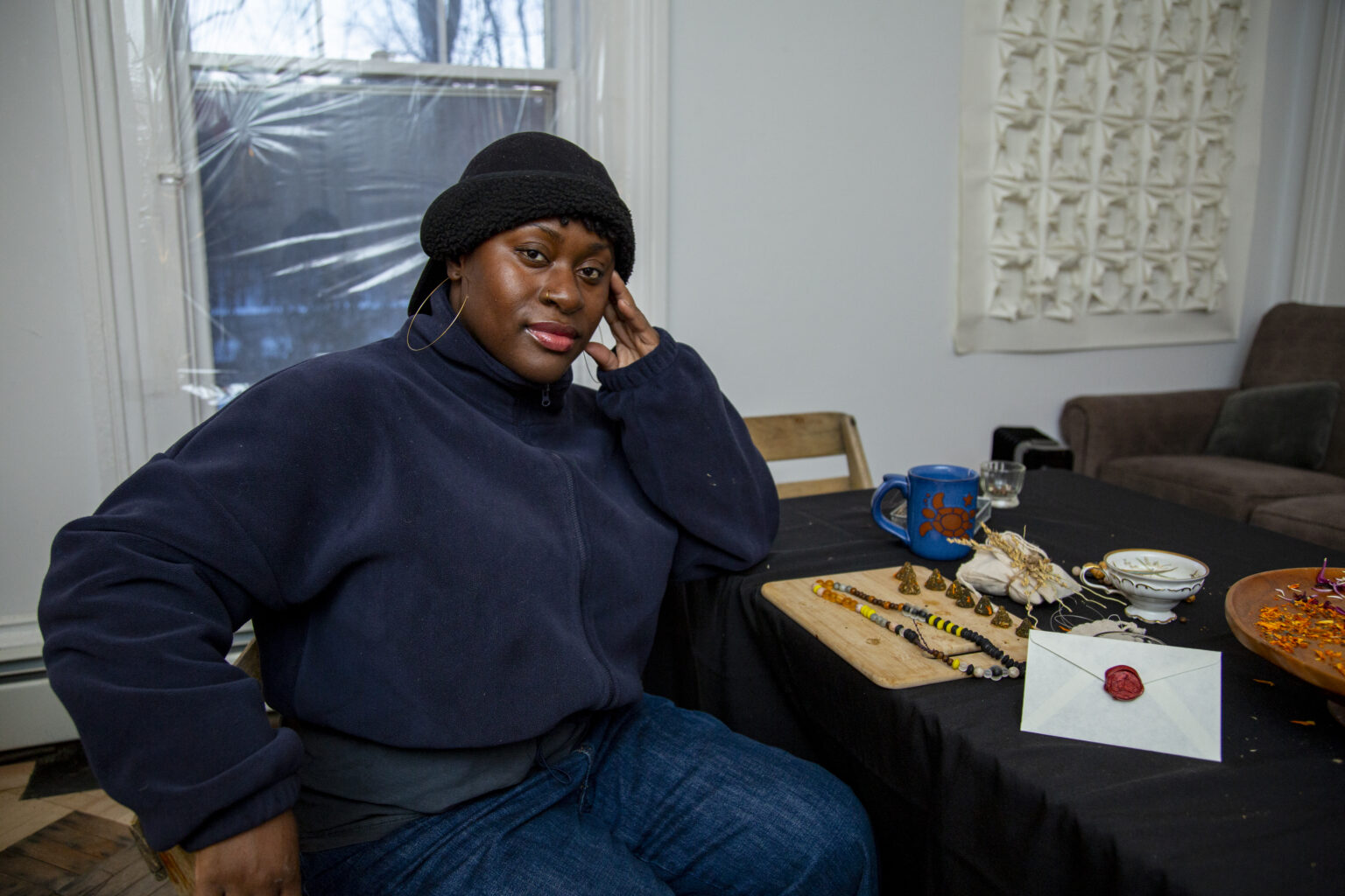 to Karina Sharif, i prompted: “at the end of June Jordan’s homage, 1977: Poem for Mrs. Fannie Lou Hamer, she calls Mrs. Hamer, ‘one full Black lily luminescent / in a homemade field of love.’ following that witness comment from June Jordan and the motif of your intimacy crafting with paper and light, how might the fire at the center of this field of love work with paper and light to create ‘one full Black lily luminescent?’” Photo: Billy Chen, courtesy of Arts Letters & Numbers, Averill Park, NY.